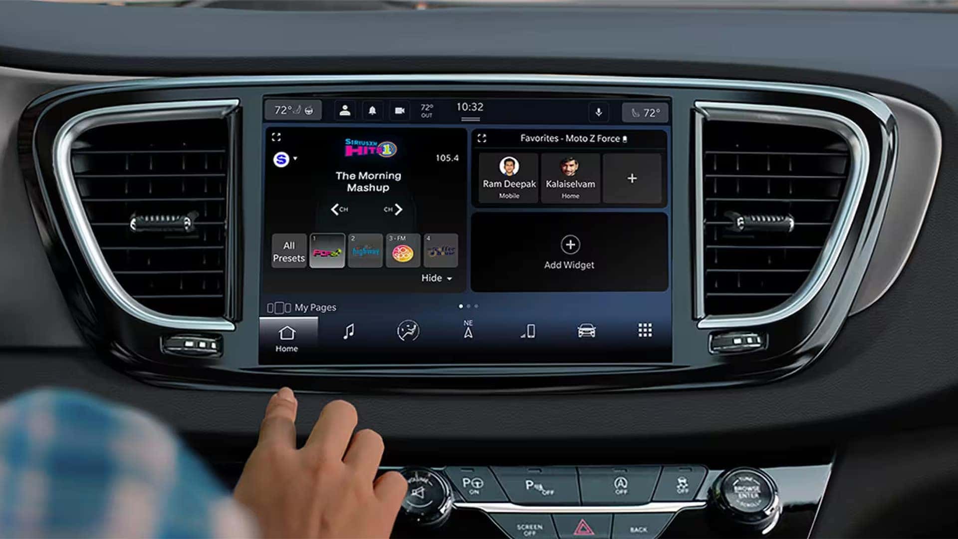 2026 Chrysler Voyager Uconnect touchscreen showing home screen widgets, media controls, and quick-access icons