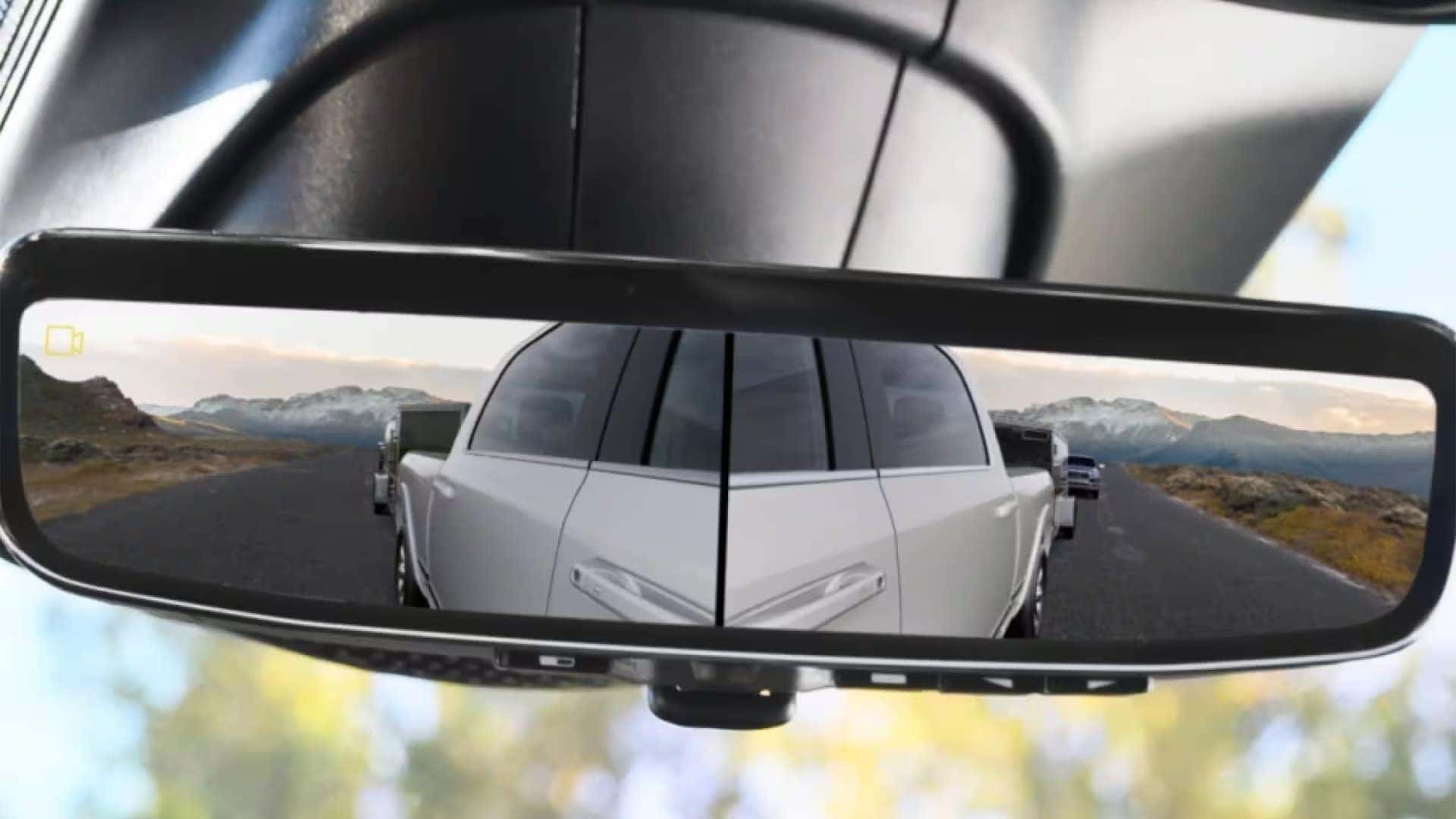 2026 RAM 2500 digital rearview mirror showing camera view behind the truck and trailer