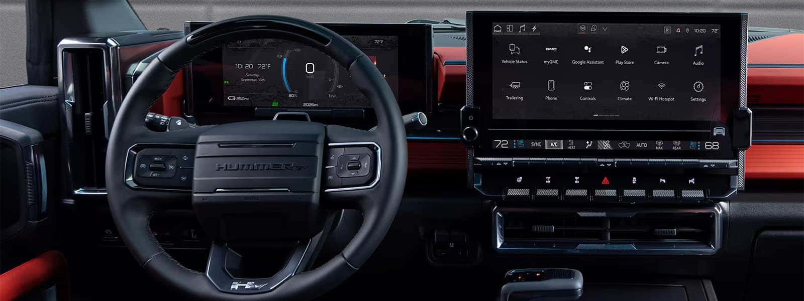 Interior of the 2026 GMC HUMMER EV SUV showing digital driver display and 13.4-inch infotainment touchscreen with EV controls and connected features