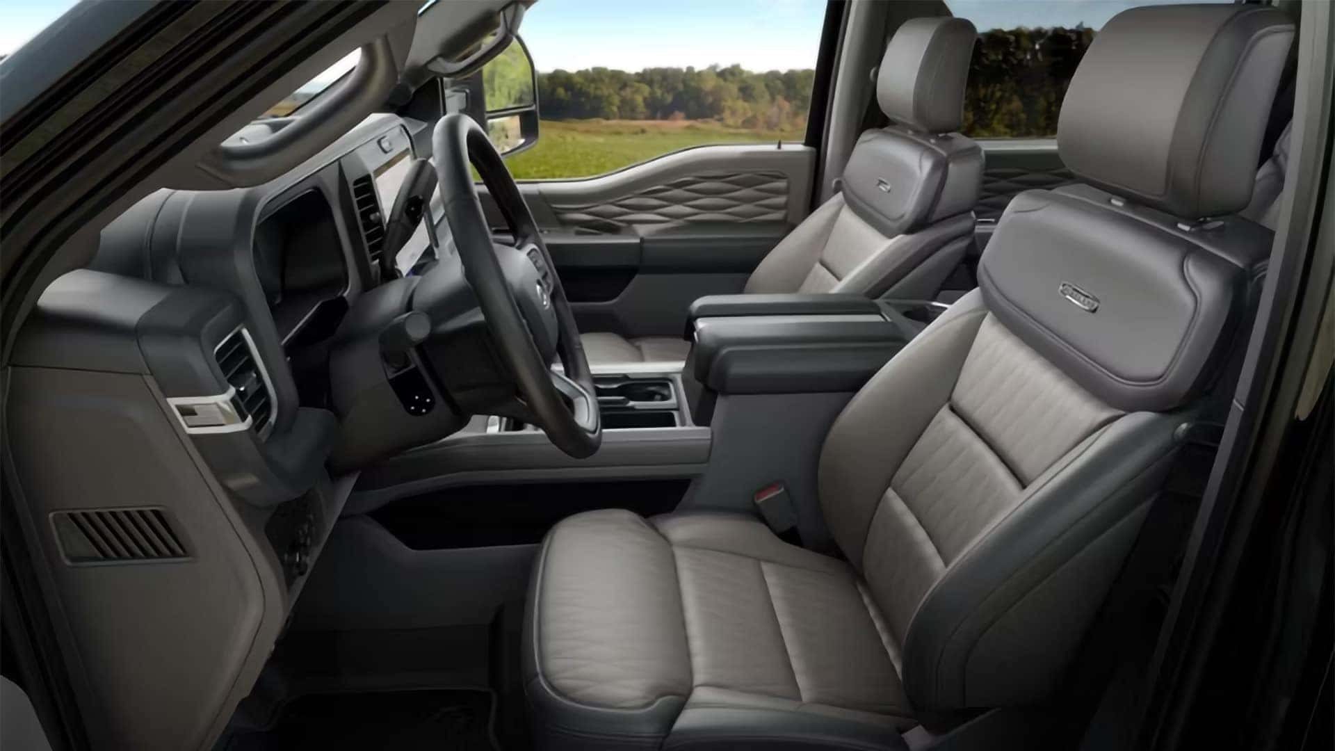 Driver perspective inside the 2026 Ford F-350 Super Duty highlighting dashboard layout, steering wheel, and cabin design