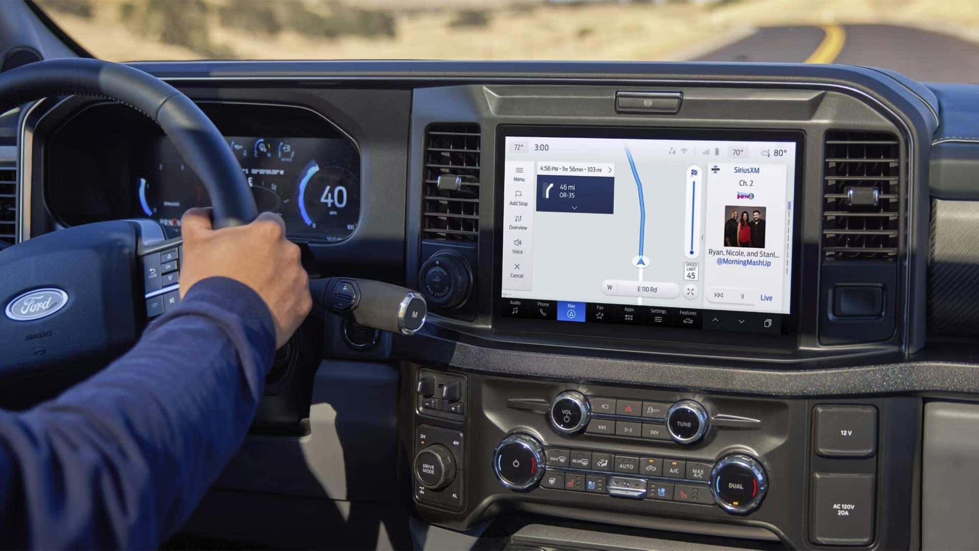 Dashboard view of the 2026 Ford F-350 Super Duty featuring SYNC 4 touchscreen display, navigation interface, and digital instrument cluster