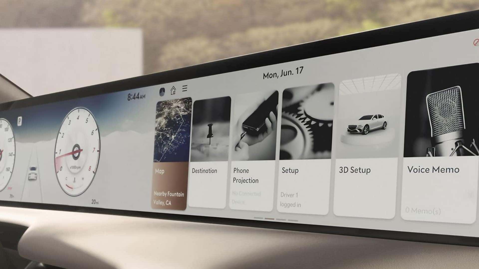 Wide panoramic OLED display in the 2026 Genesis G80 showing navigation, apps, and digital instrument cluster