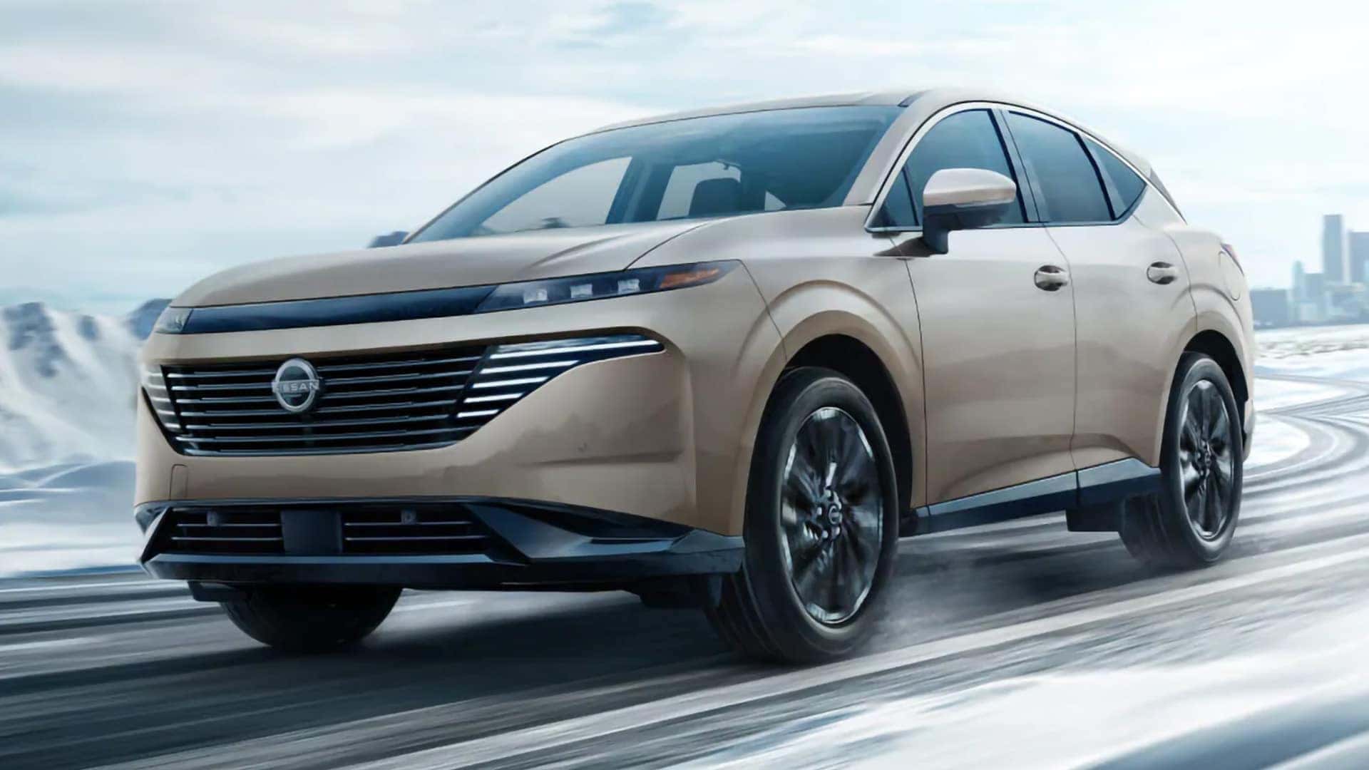 Champagne 2026 Nissan Murano front three quarter view showing V motion grille, slim LED headlights, and sculpted exterior design