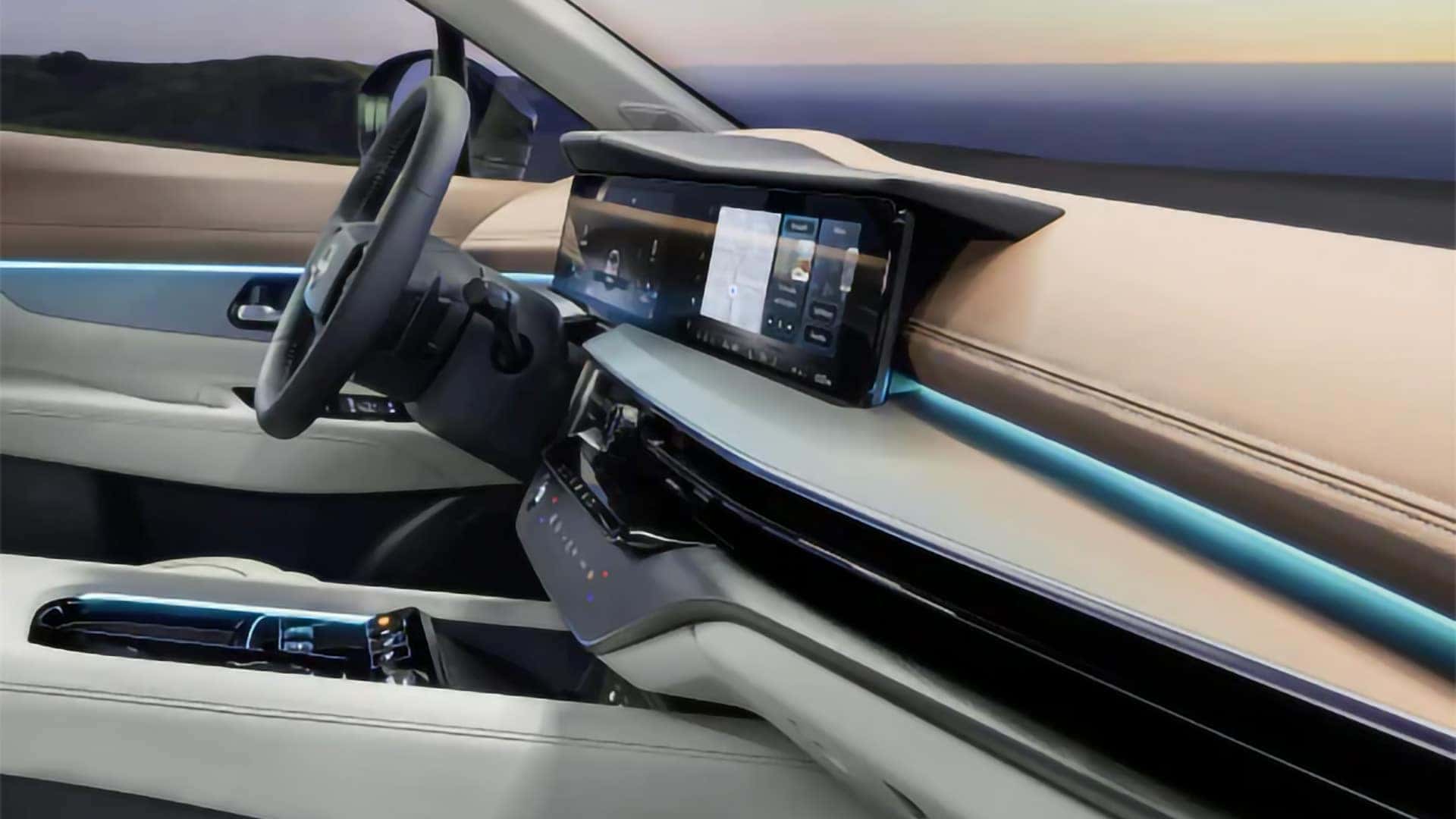 2026 Nissan Murano dashboard with wide digital display, ambient lighting, and premium interior trim