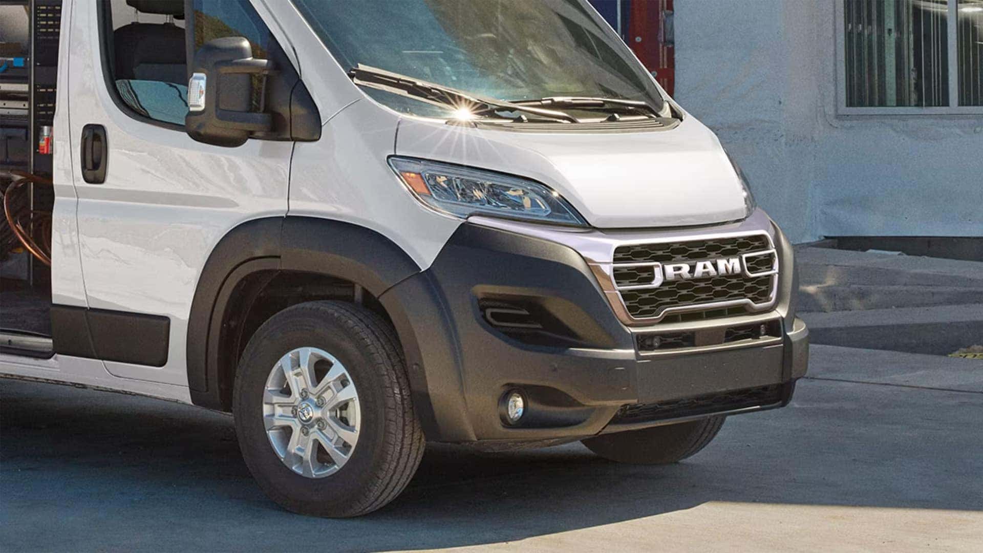 Front close up of 2026 RAM ProMaster Cargo Van showing grille design, headlamps, and front bumper