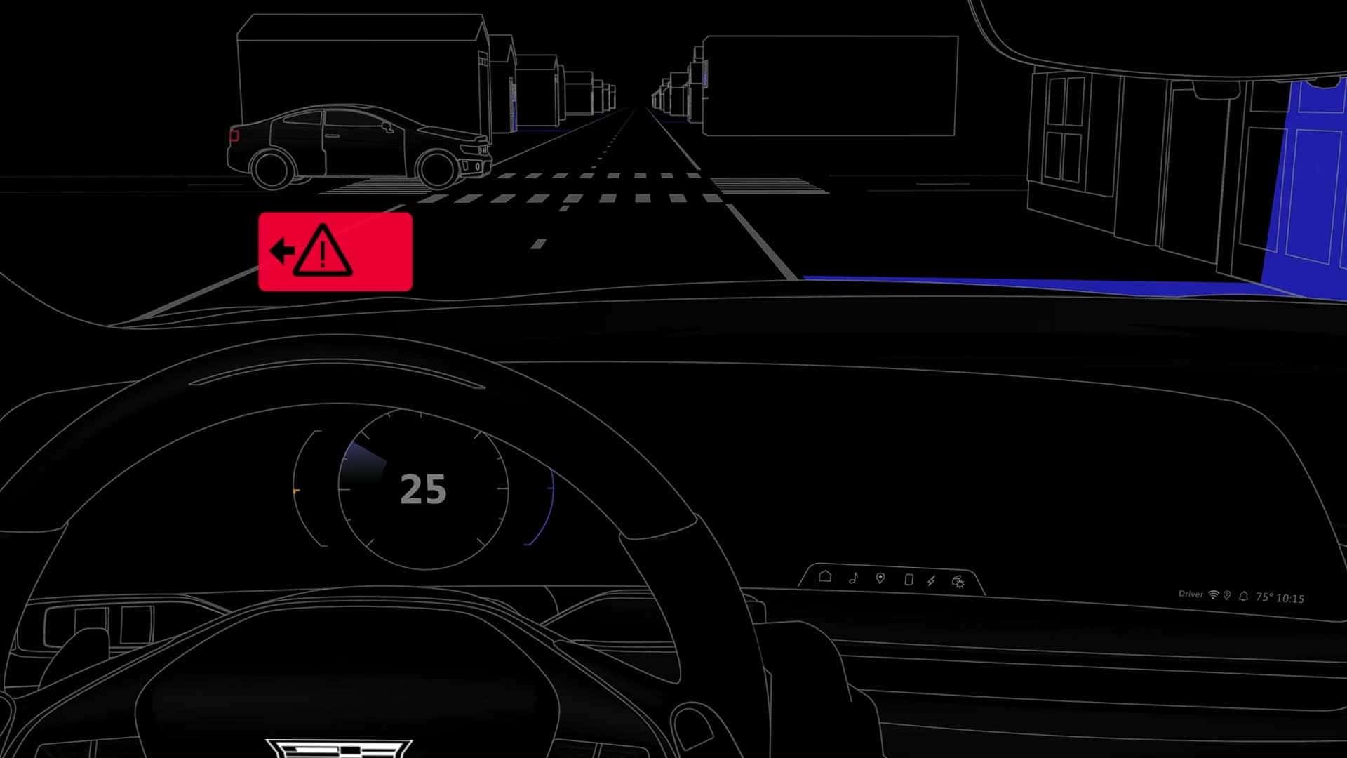 Cadillac driver display graphic showing a red warning icon and outlined street scene