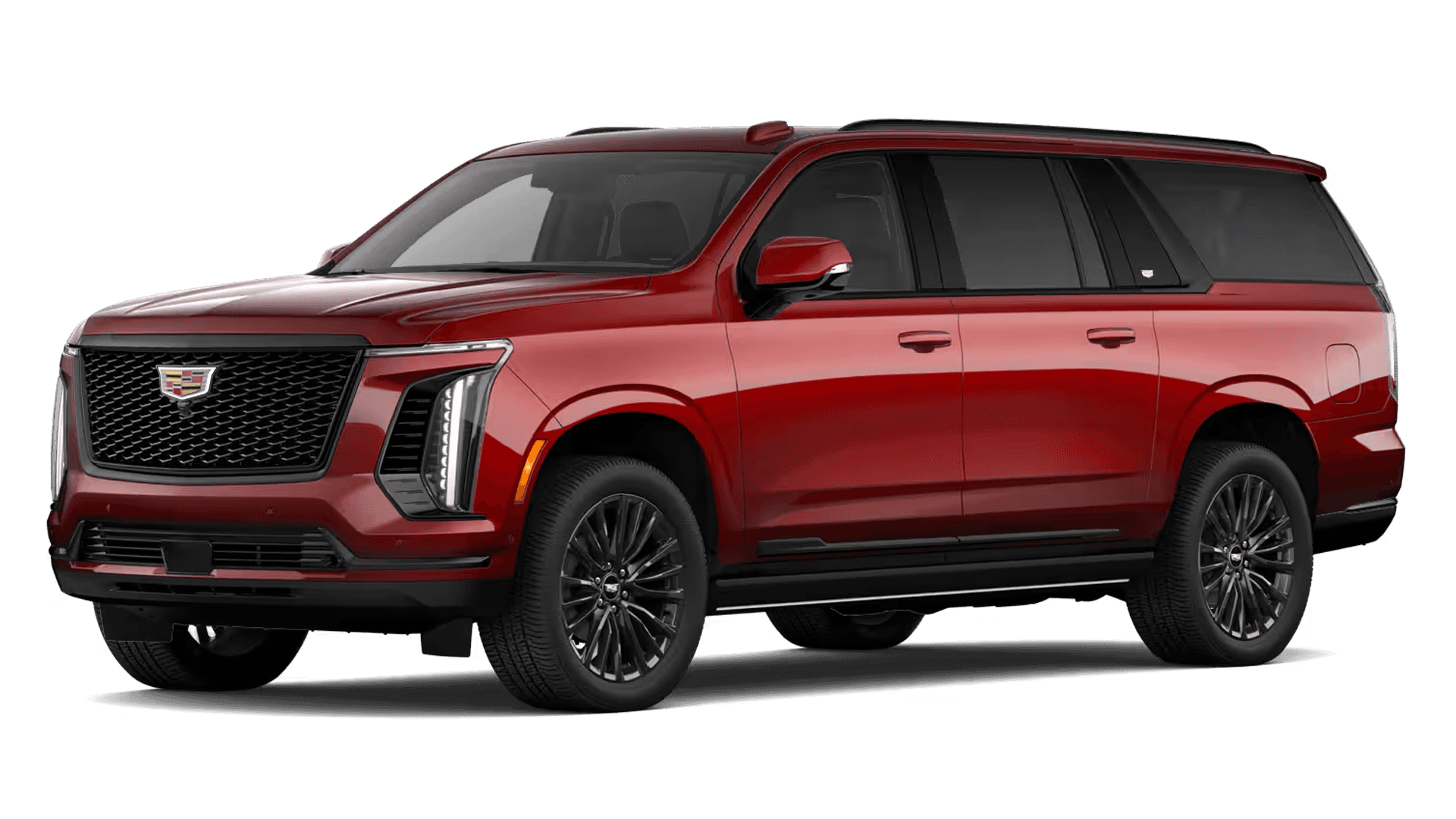 Red Cadillac Escalade side view with black wheels and tinted windows on a white background