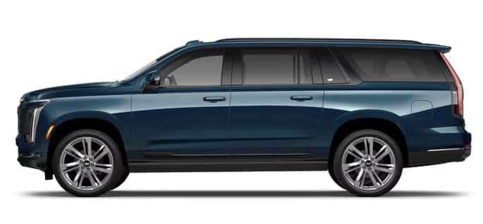 Blue Cadillac Escalade ESV shown from the side and front with exterior dimension labels