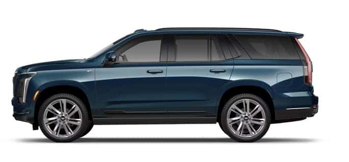 Blue Cadillac Escalade shown from the side and front with exterior dimension labels