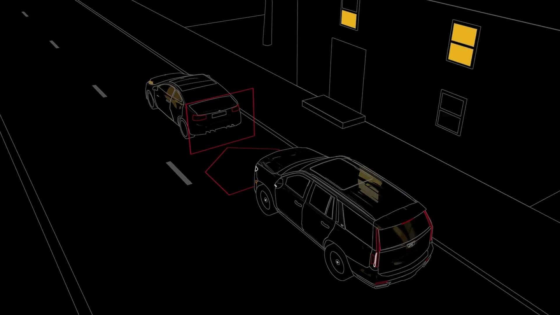 Digital graphic showing SUV detecting vehicle ahead with highlighted detection zone on a roadway at night