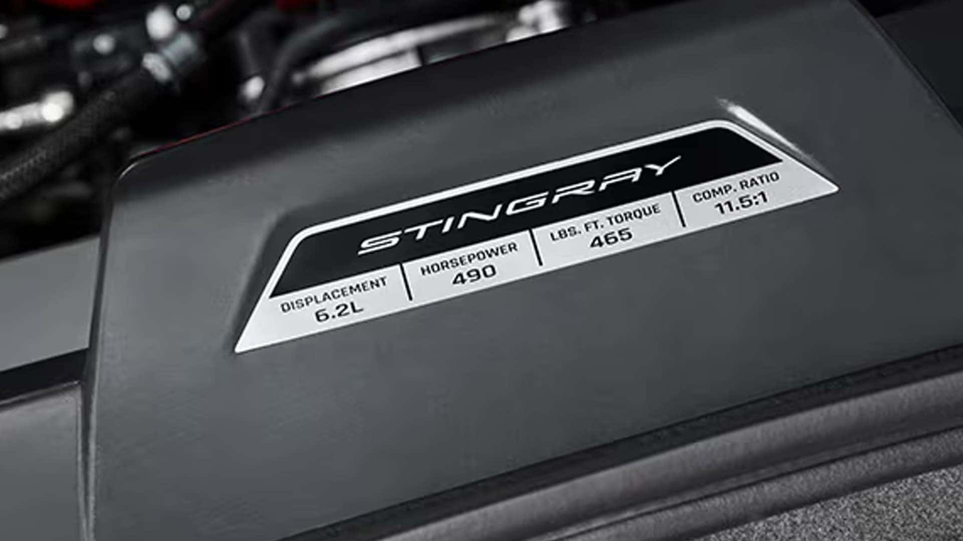 Close view of a Stingray engine label showing 6.2L displacement, 490 horsepower, and 465 torque