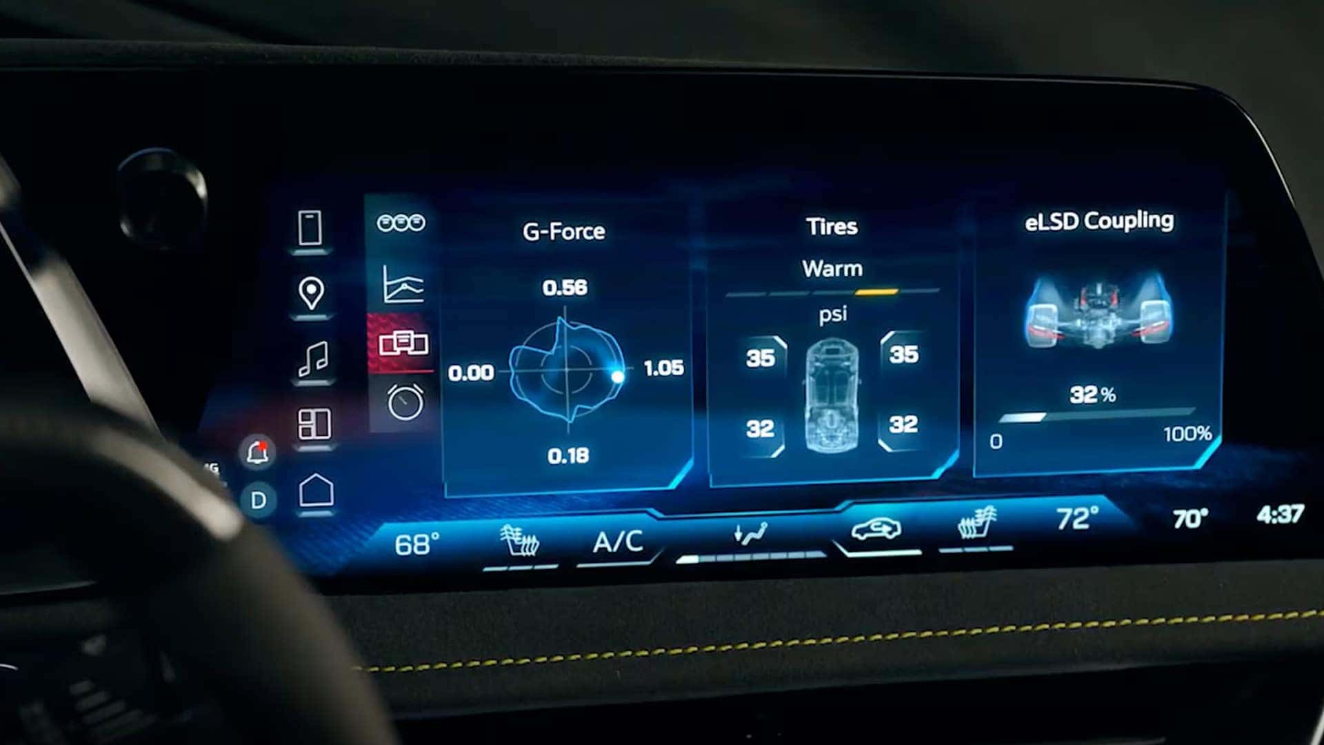 Corvette touchscreen showing G-Force, tire pressure, tire warmth, and eLSD coupling readouts.