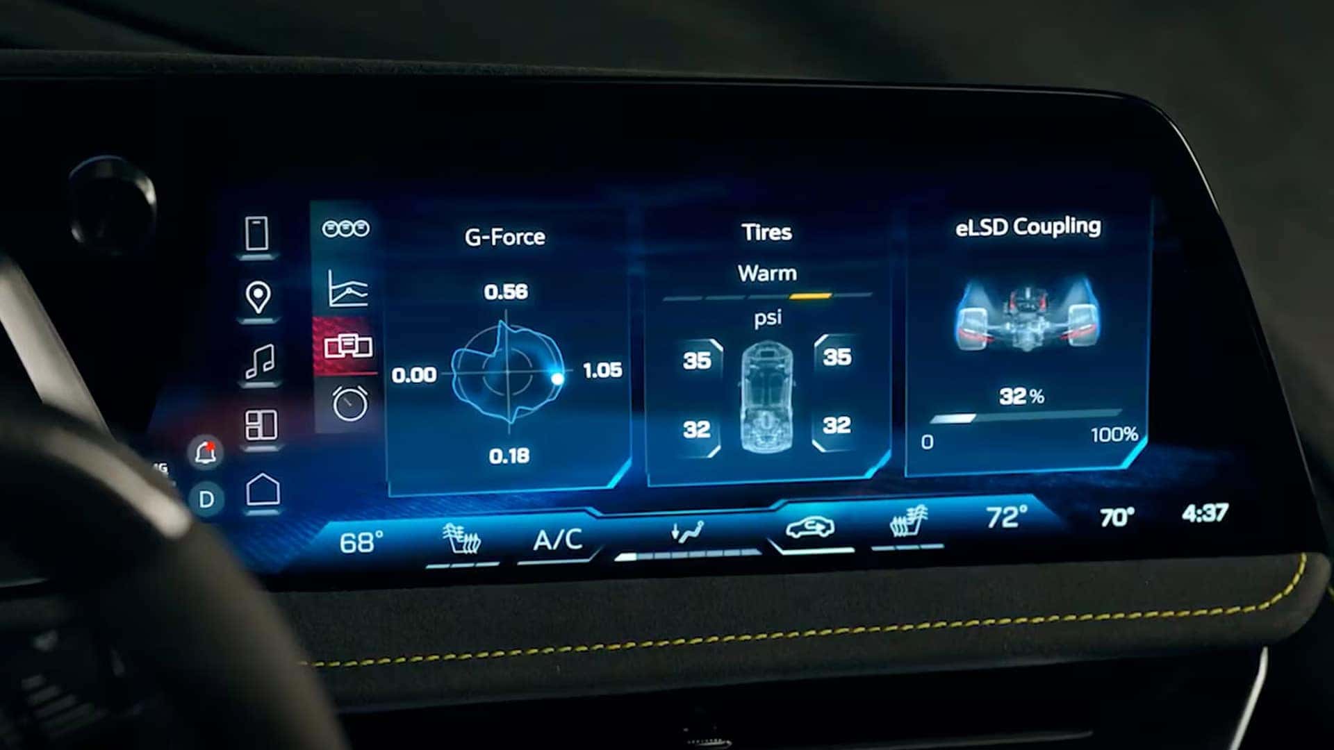Touchscreen display showing G-Force, tire pressure, tire warmth, and eLSD coupling readouts.