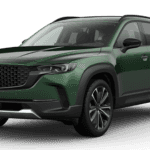 Green Mazda CX-50 shown on a white background in front three-quarter view with grille, wheels, and roof rails