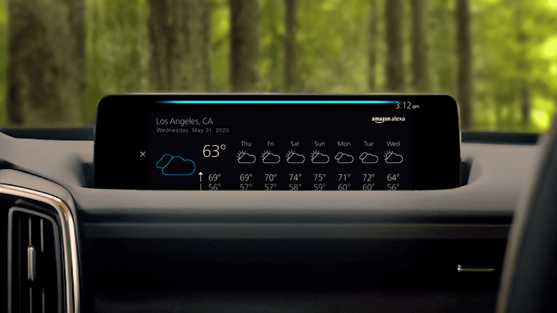 Dashboard screen showing weather forecast, day labels, temperature, and Amazon Alexa branding against a forest
