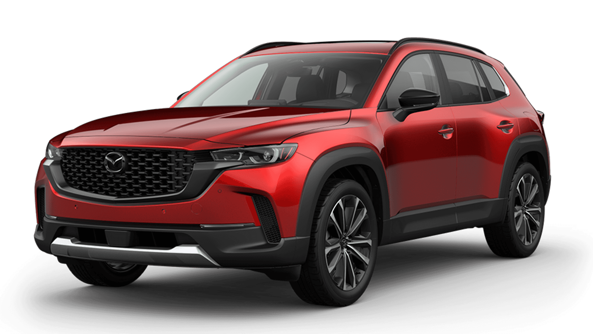 Front three-quarter view of a red Mazda CX-50 on a plain light background with black trim and alloy wheels