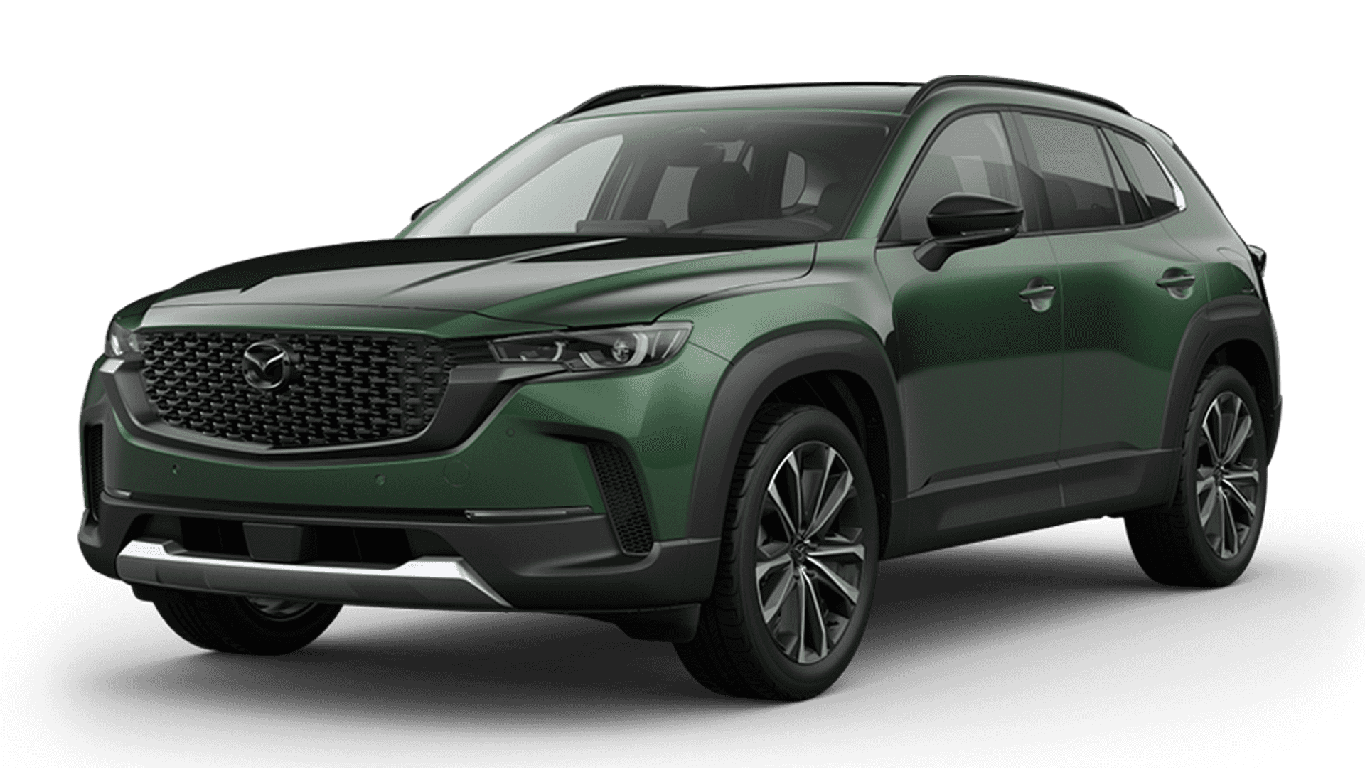 Front three-quarter view of a green Mazda CX-50 on a plain light background with dark grille and black trim