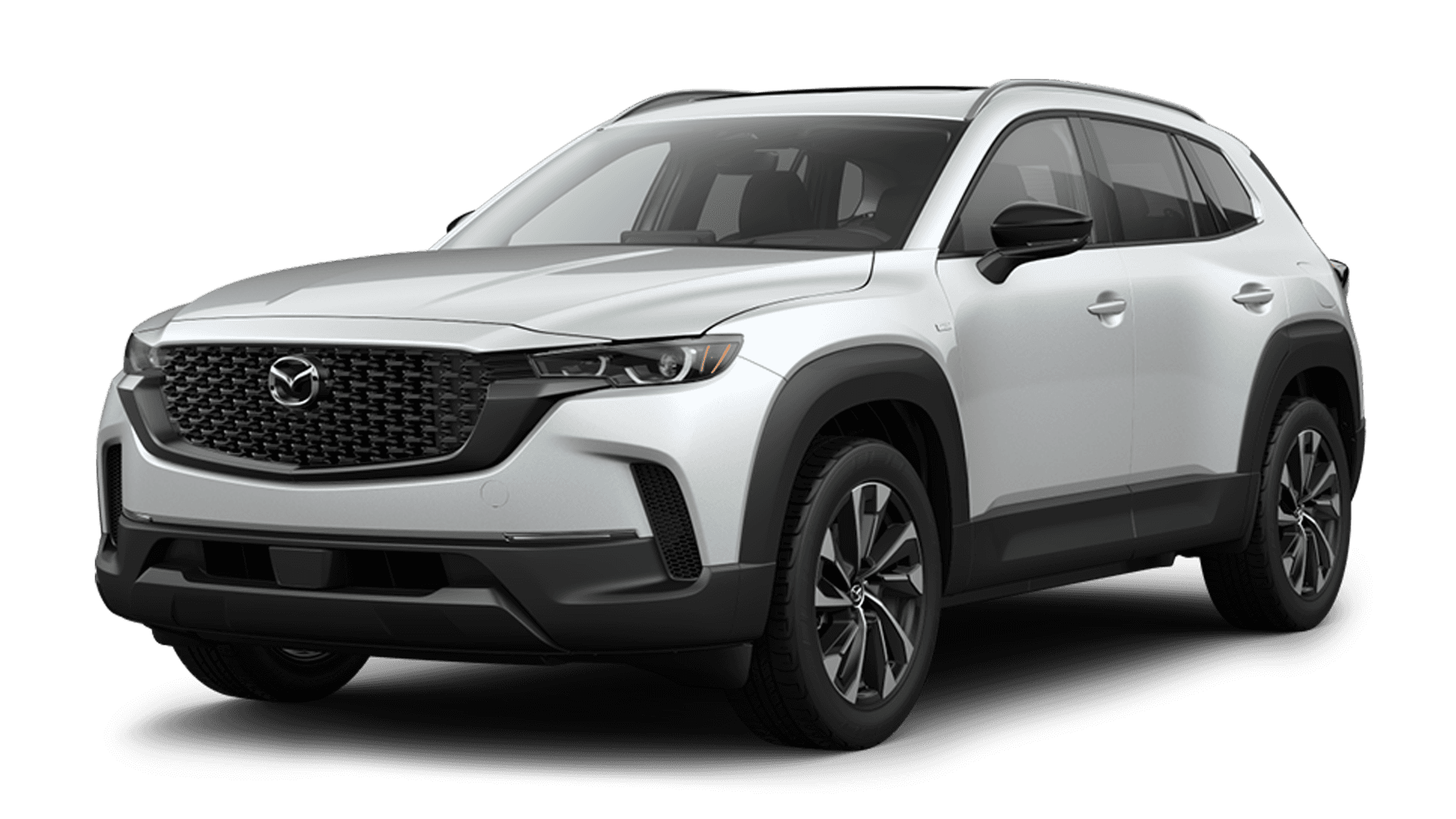 Front three-quarter view of a white Mazda CX-50 on a plain light background with black cladding and dark wheels