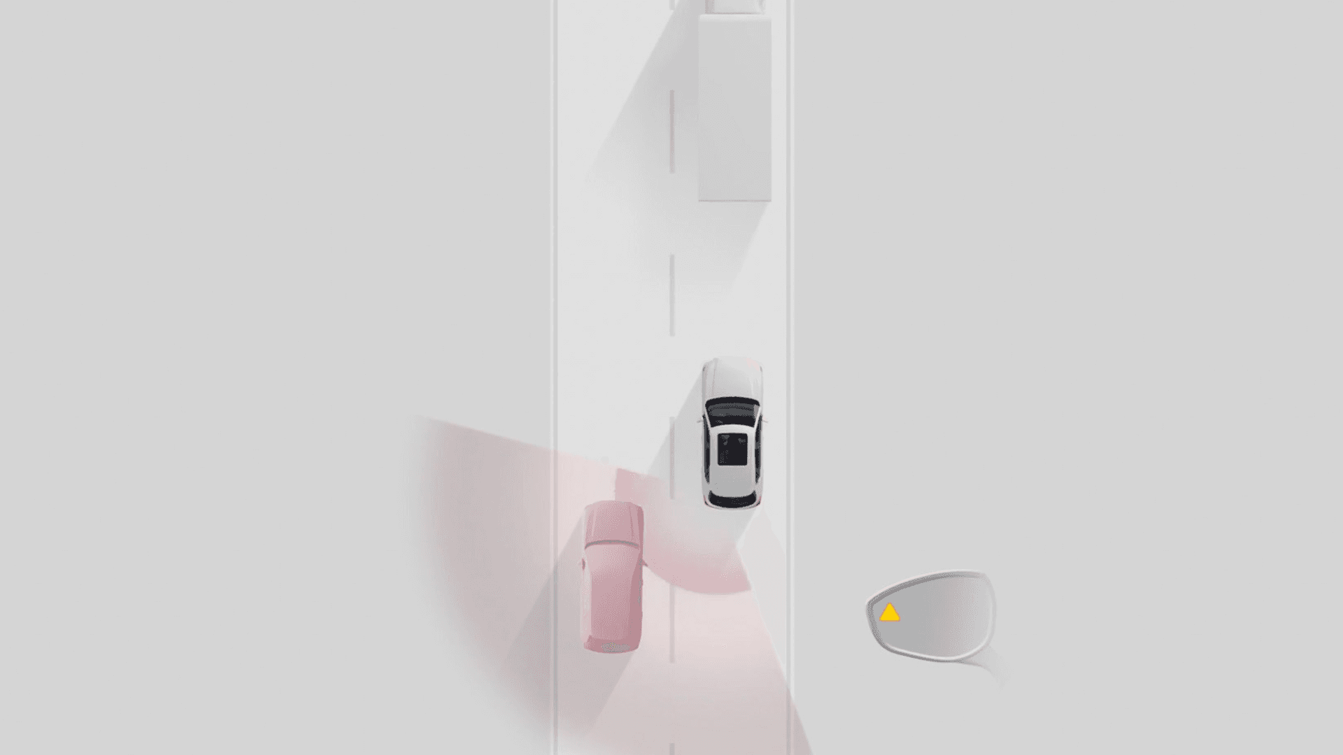 Overhead graphic of a white vehicle with highlighted blind spot zone and warning icon beside another car.
