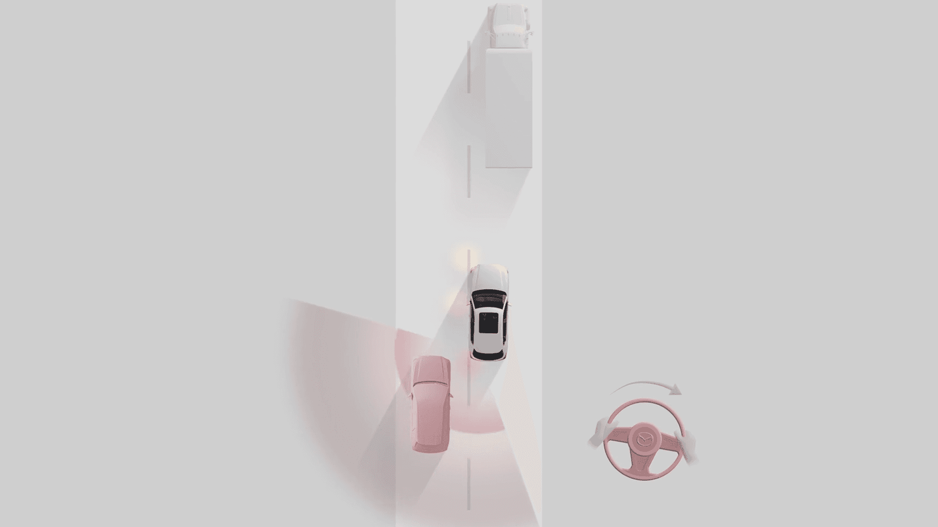 Top-down driving graphic showing a white SUV, a red highlighted vehicle, and a steering wheel turning icon