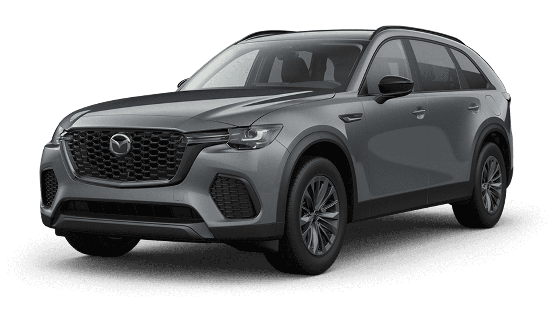 Gray Mazda CX-70 shown in a front three-quarter studio view on a white background