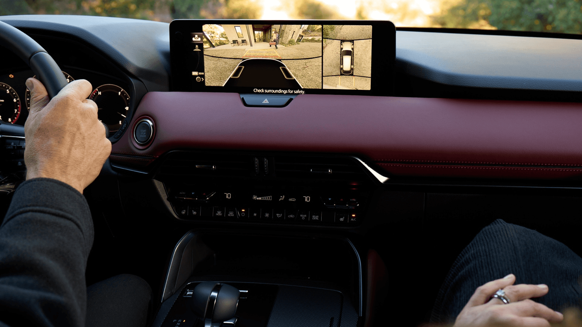 Interior view with center display showing split camera parking views including rear and overhead perspectives.