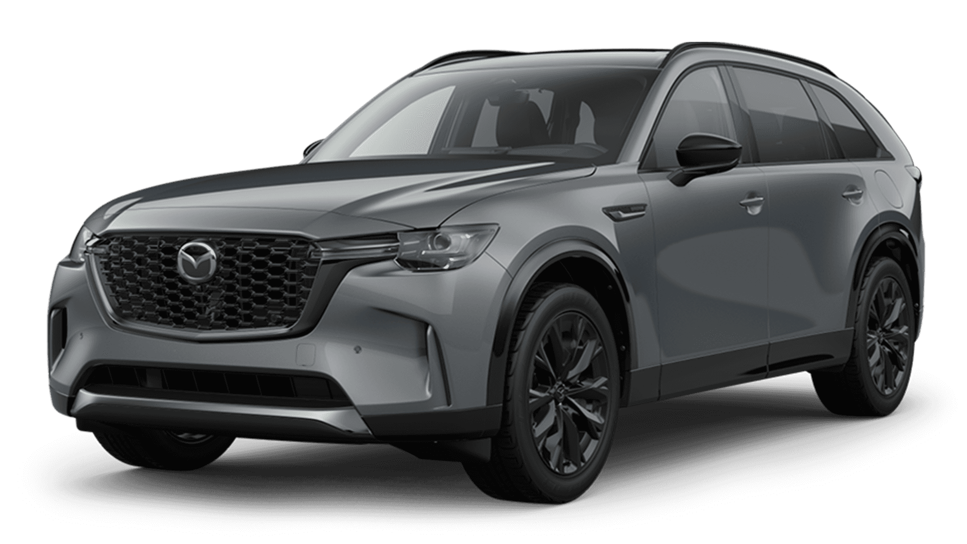 Gray 2026 Mazda CX-90 on a white background in front three-quarter view with black grille, dark wheels, and side mirrors