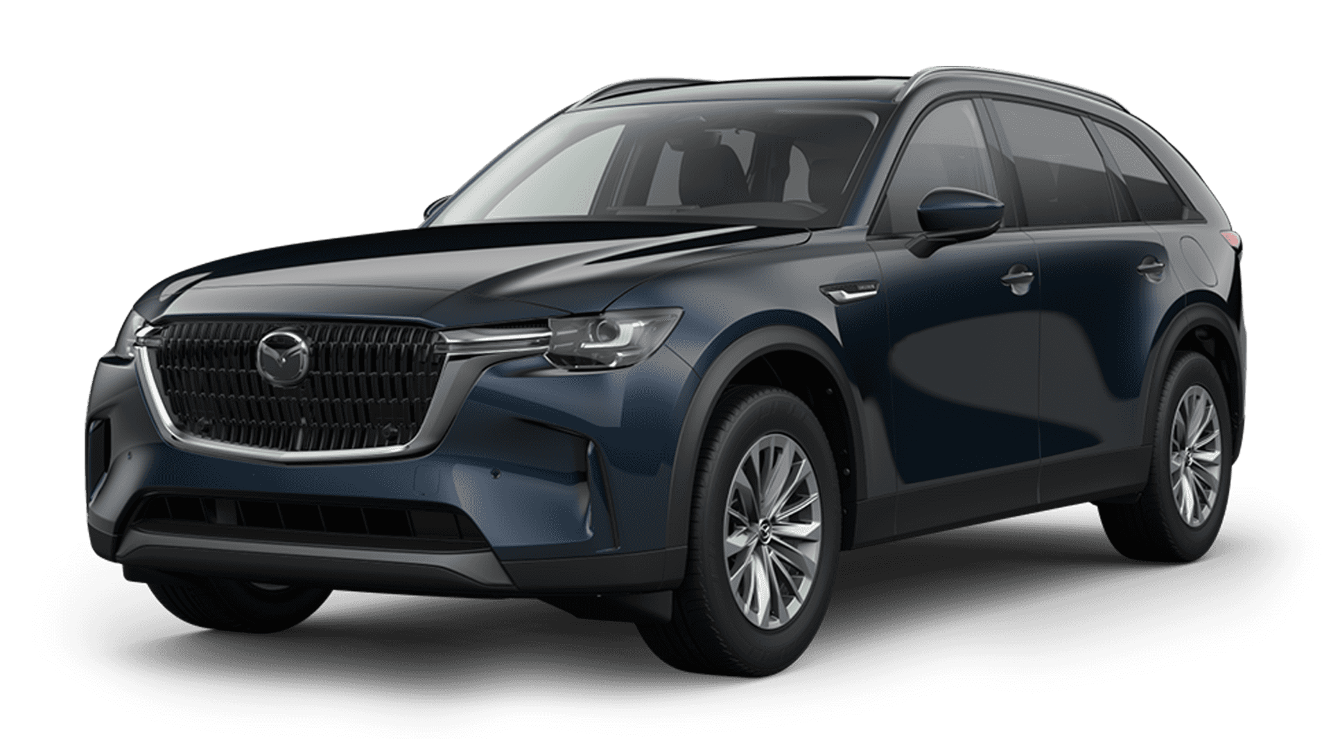 Dark blue Mazda CX-90 angled front view on a clean white background highlighting grille and wheel design