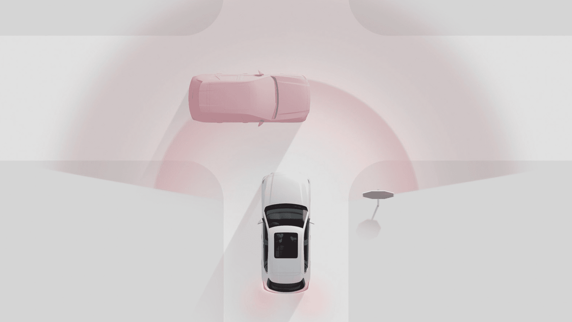 Overhead graphic of vehicle with shaded detection zones highlighting surrounding area and nearby object.