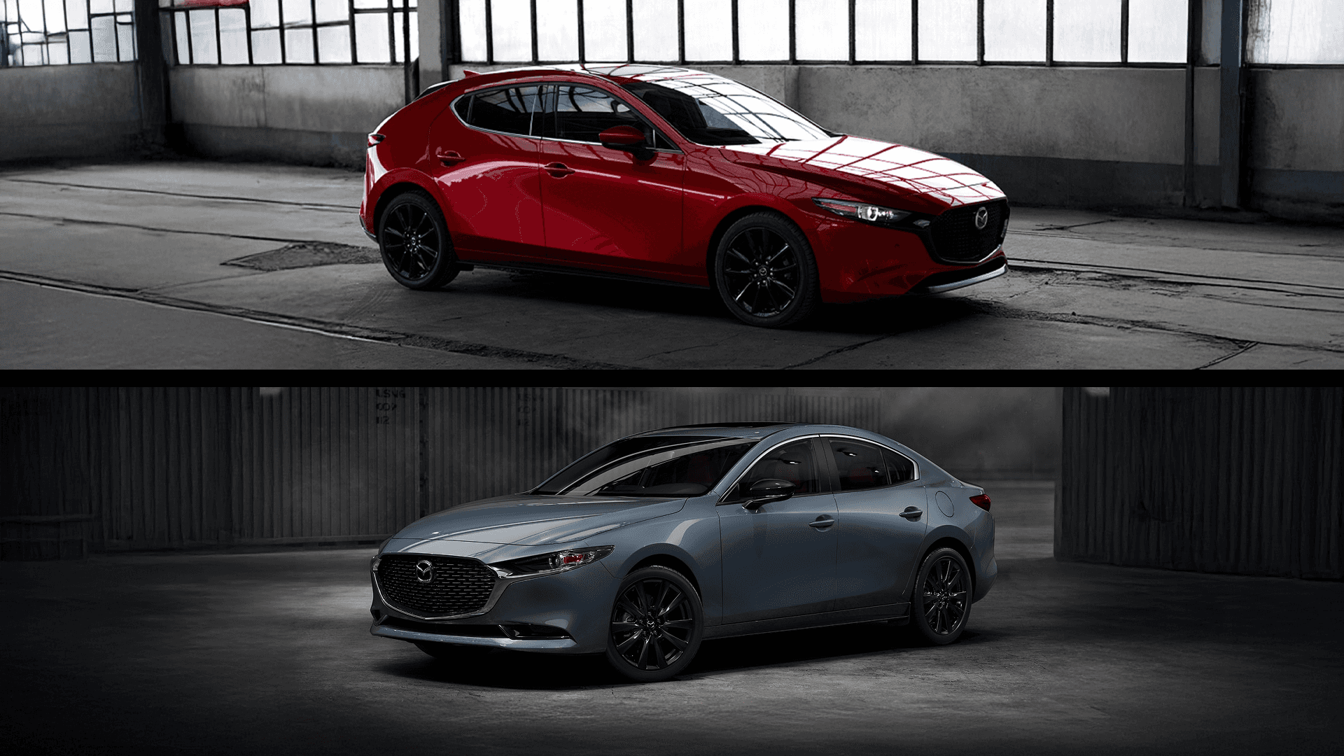 Red Mazda3 hatchback above and gray Mazda3 sedan below, comparing side views and overall body shapes