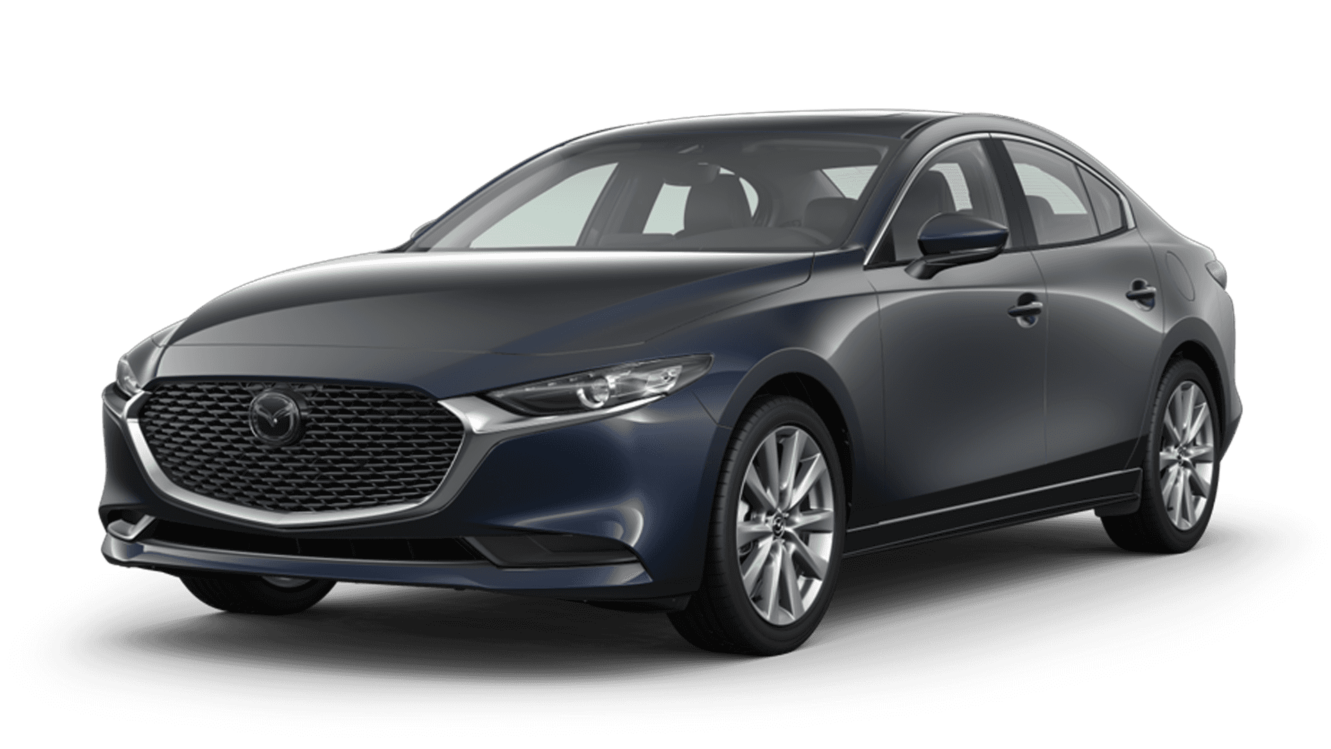 Dark blue Mazda3 sedan on a white background, showing front grille, headlights, and silver multi-spoke wheels
