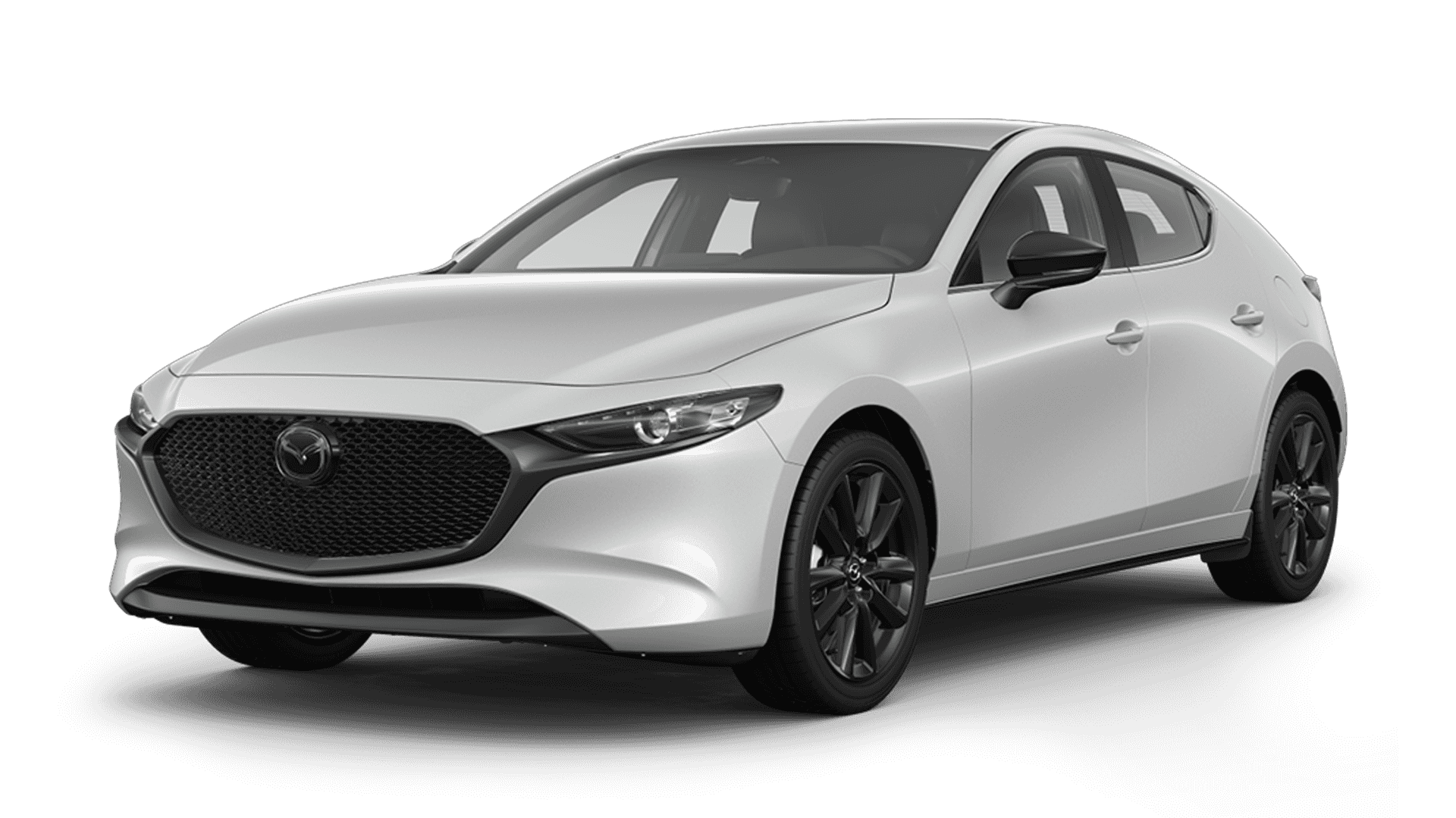 White Mazda3 hatchback on a white background, showing black grille, dark wheels, and smooth side body contours