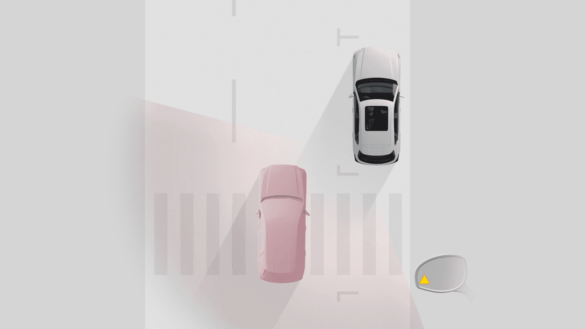 Top-down safety graphic of two cars at a crosswalk with a mirror alert icon and shaded detection area