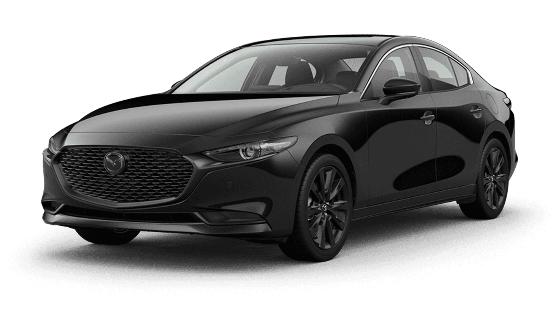 Black sedan shown in front three-quarter view on a transparent background with dark wheels and black grille