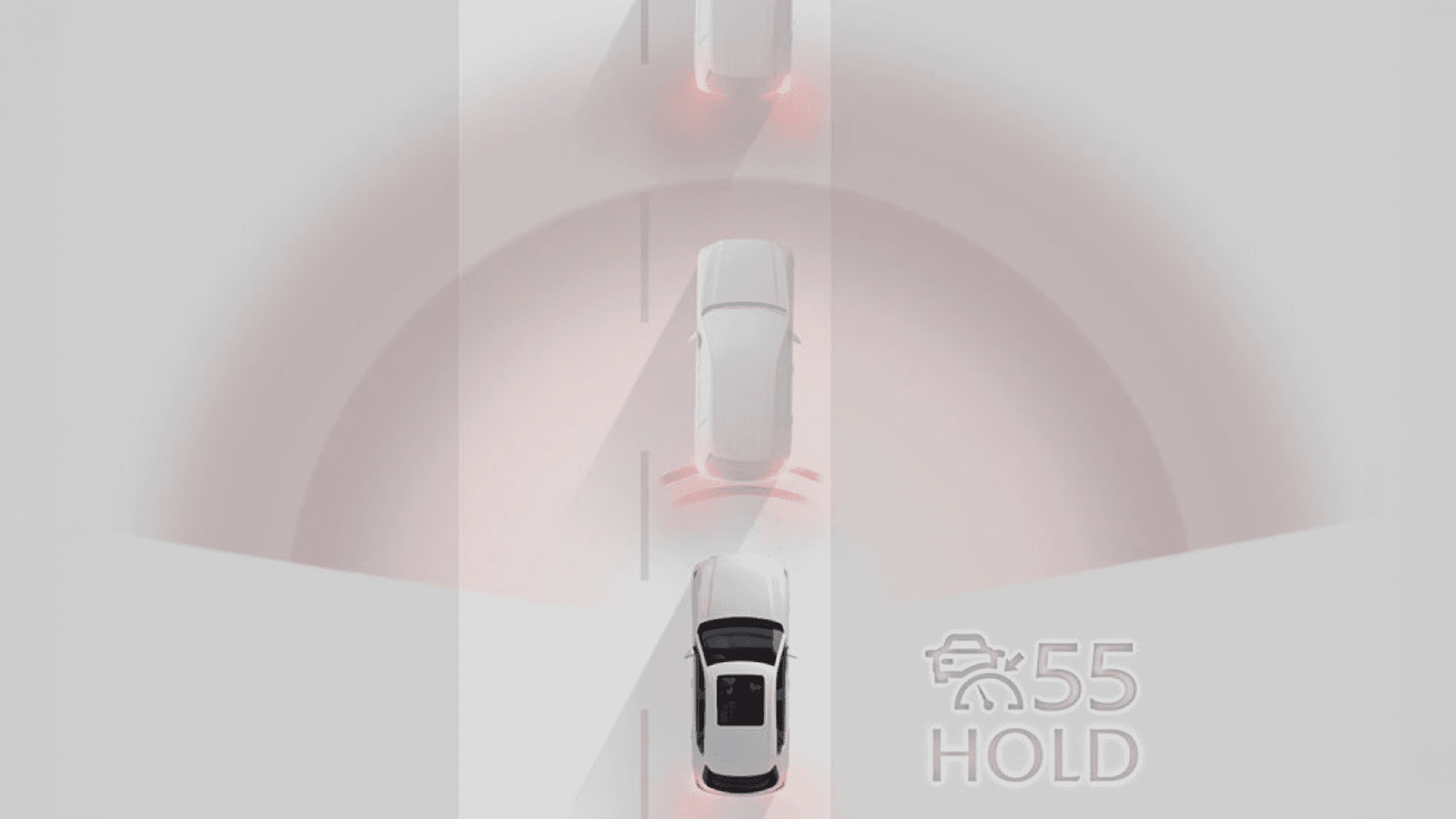 Overhead driver support graphic showing a white car following traffic with braking zones and 55 HOLD text.