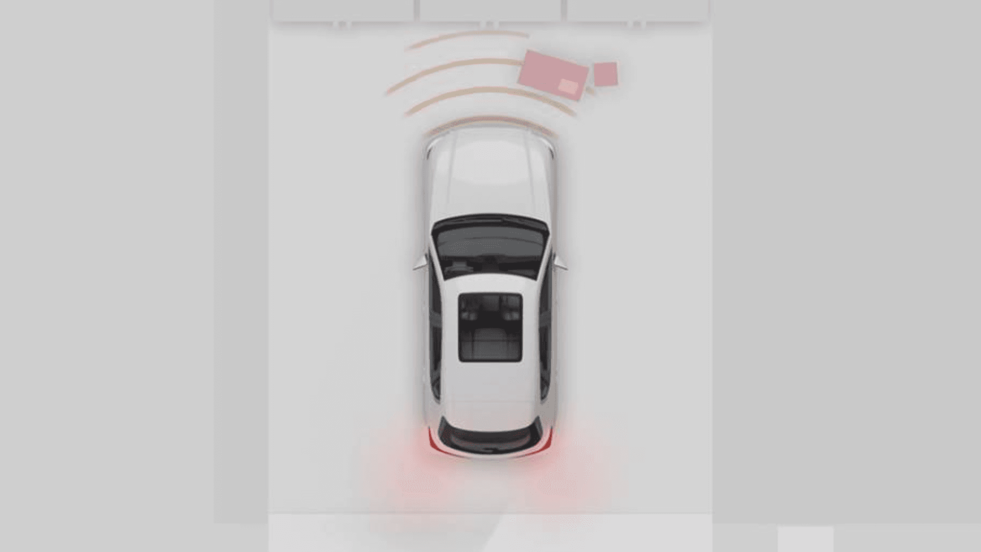 Overhead vehicle graphic with warning waves near the front and red illuminated zones around the car.