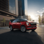 Red Nissan Armada driving through a city street with tall buildings and sunlight reflecting off glass facades
