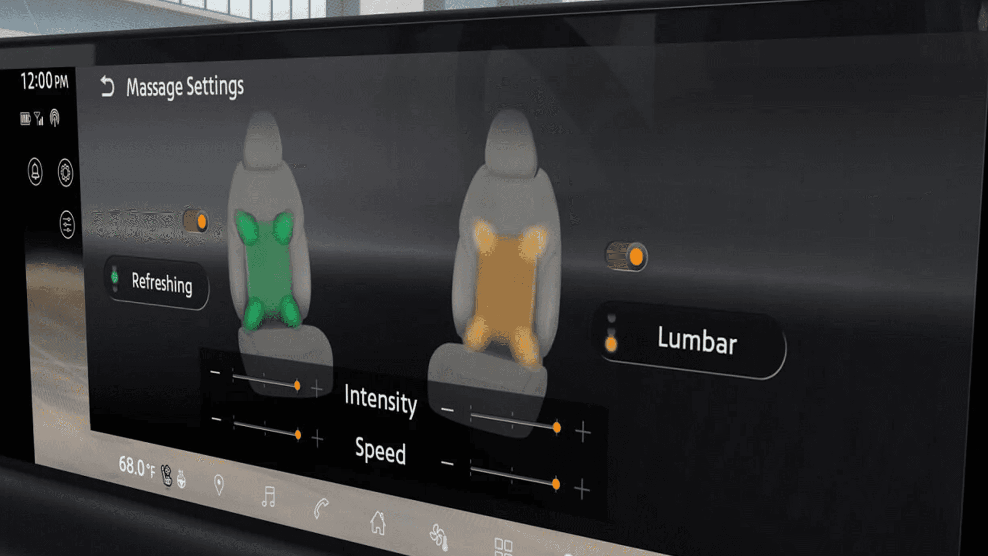 Close-up of infotainment screen displaying massage seat settings with intensity and lumbar controls