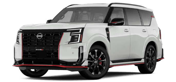 White 2026 Nissan Armada NISMO SUV shown in a front three-quarter view with red accents and black wheels