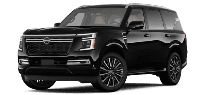 Black 2026 Nissan Armada Platinum Reserve SUV shown in a front three-quarter view with large multi-spoke wheels