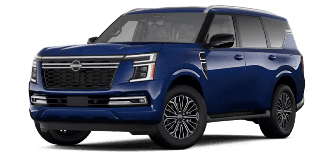 Blue 2026 Nissan Armada Platinum SUV shown in a front three-quarter view with chrome-accent wheels on a transparent background