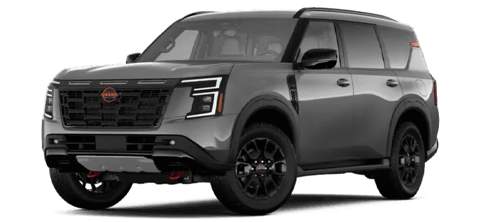 Gray 2026 Nissan Armada PRO-4X SUV shown in a front three-quarter view with black wheels and orange trim accents