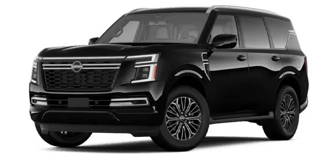 Black 2026 Nissan Armada SL SUV shown in a front three-quarter view with multi-spoke wheels on a transparent background