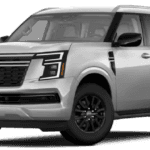 Silver 2026 Nissan Armada SV SUV shown in a front three-quarter view with black wheels on a transparent background