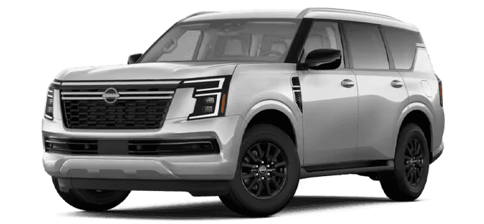 Silver 2026 Nissan Armada SV SUV shown in a front three-quarter view with black wheels on a transparent background