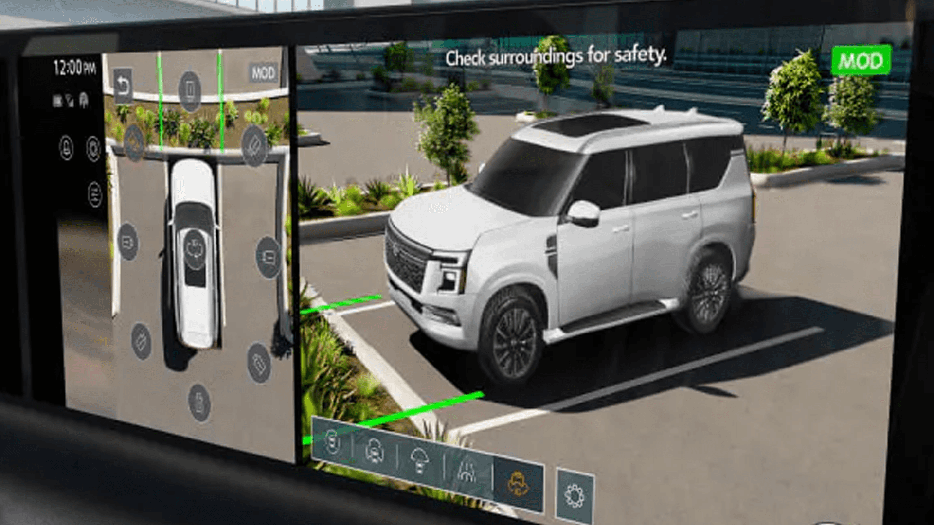 Dashboard screen showing split view with overhead vehicle outline and 3D parking visualization in lot