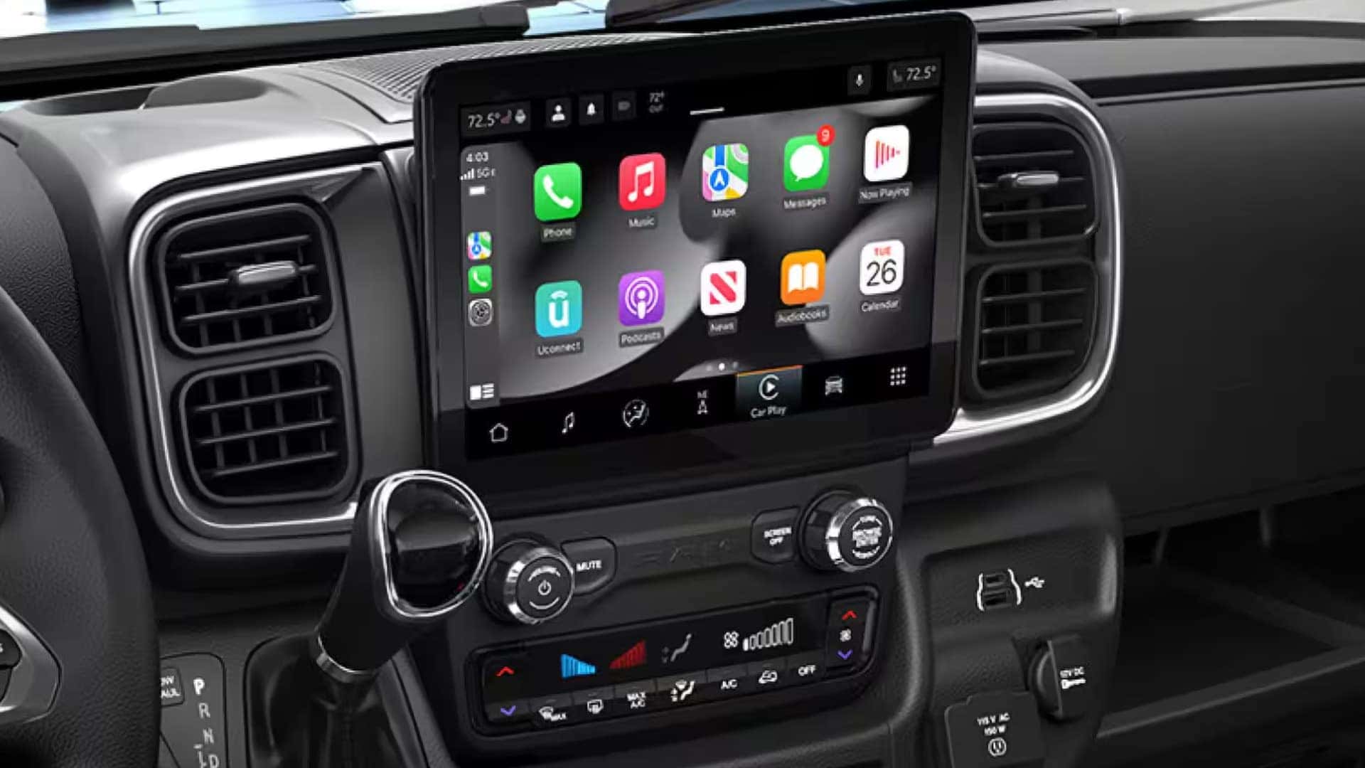 2026 RAM ProMaster Uconnect 5 touchscreen infotainment system with Apple CarPlay and vehicle controls