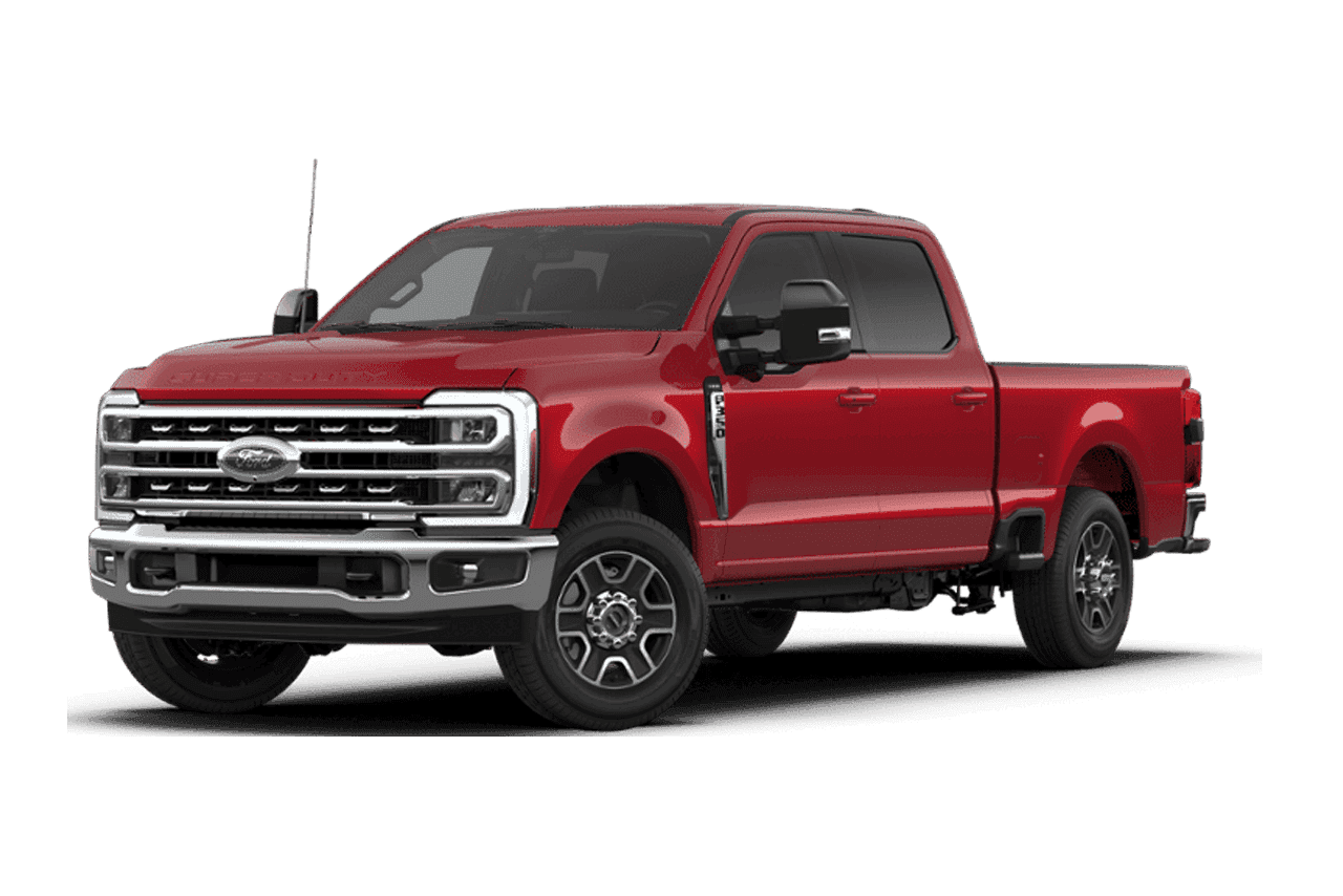 2026 Ford F-350 Super Duty Lariat crew cab pickup truck in red, front three quarter view