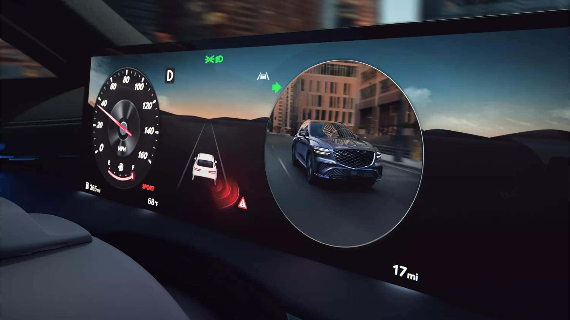 Genesis G80 digital cluster showing blind spot view monitor and driver assistance alerts while driving