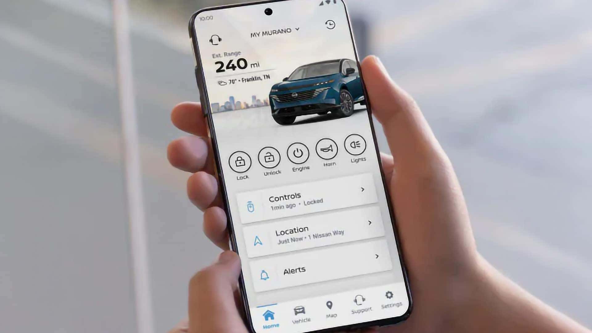 Smartphone displaying MyNISSAN app with remote start, vehicle status, and connectivity features for the 2026 Nissan Murano